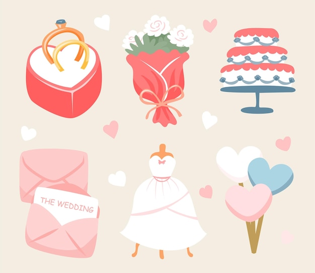 Vecteur gratuit accessoires de mariée vector set articles de mariage pour la cérémonie de mariage robe de mariée bouquet bijoux bagues gâteau ballon carte d'invitation vector cartoon illuration