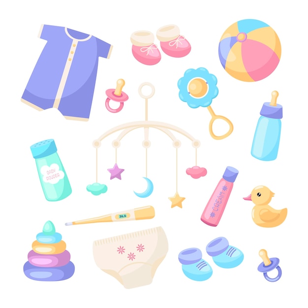 Vecteur gratuit accessoires mignons pour ensemble d'illustrations vectorielles de nouveau-nés