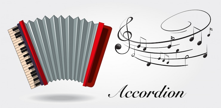 Vecteur gratuit accordéon et notes de musique sur fond blanc
