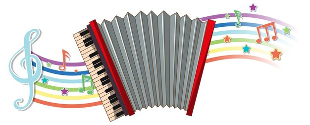 Accordéon avec symboles de mélodie sur la vague arc-en-ciel