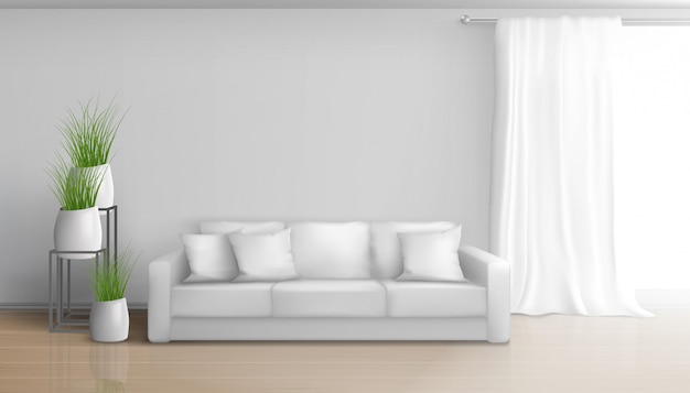 Accueil salon minimaliste, intérieur ensoleillé de couleurs blanches avec canapé sur un sol stratifié, long et lourd rideau sur la tringle de la fenêtre, pots de fleurs en céramique avec illustration de plantes vertes