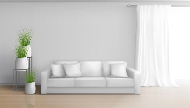 Accueil salon minimaliste, intérieur ensoleillé de couleurs blanches avec canapé sur un sol stratifié, long et lourd rideau sur la tringle de la fenêtre, pots de fleurs en céramique avec illustration de plantes vertes