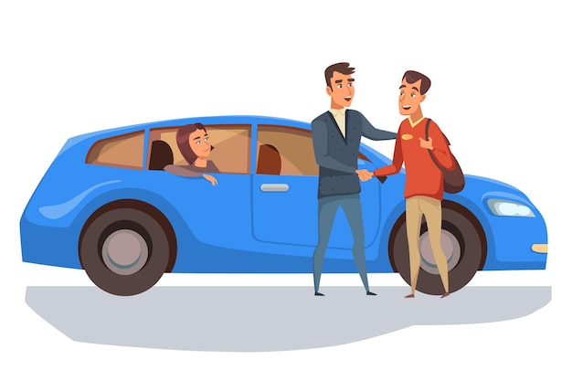 Vecteur gratuit achat d'automobile jeune couple et personnages de vendeur souriant homme achetant un concessionnaire automobile et acheteur se serrant la main