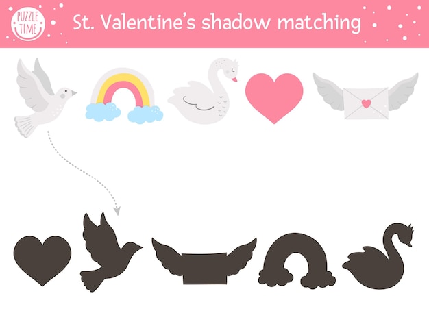 Activité d'association d'ombres de la saint-valentin pour les enfants. puzzle amusant avec de jolis symboles de vacances. jeu éducatif pour les enfants avec le thème de l'amour. trouvez la bonne feuille de travail imprimable pour la silhouette.