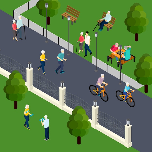 Activité de loisirs des retraités au jeu de société de sport en plein air avec des amis marchant dans l'illustration vectorielle isométrique du parc