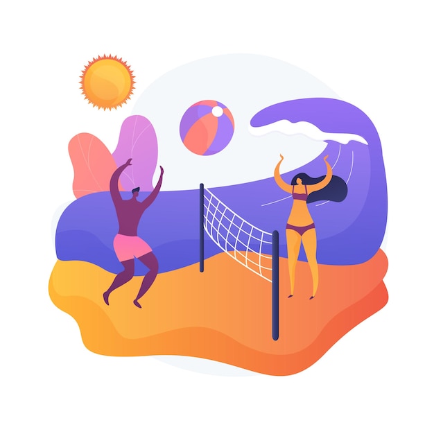 Vecteur gratuit activités d'été. vacances d'été, détente en bord de mer, jeux de ballon en plein air. touristes bronzés jouant au beach-volley. idée de repos actif.
