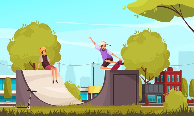 Activités de plein air avec des paysages de quartier urbain et des personnages d'adolescents patinant sur une illustration de quarter pipe de skate park