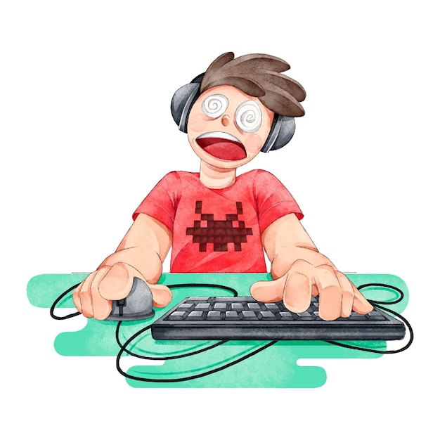 Vecteur gratuit addiction garçon jouant à des jeux vidéo