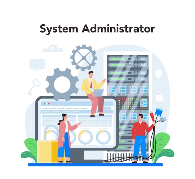 Administrateur Système Travail Technique Avec L'installation Du Logiciel Serveur Dépannage De La Sécurité En Ligne Configuration Des Systèmes Informatiques Et Des Réseaux Illustration Vectorielle Plane