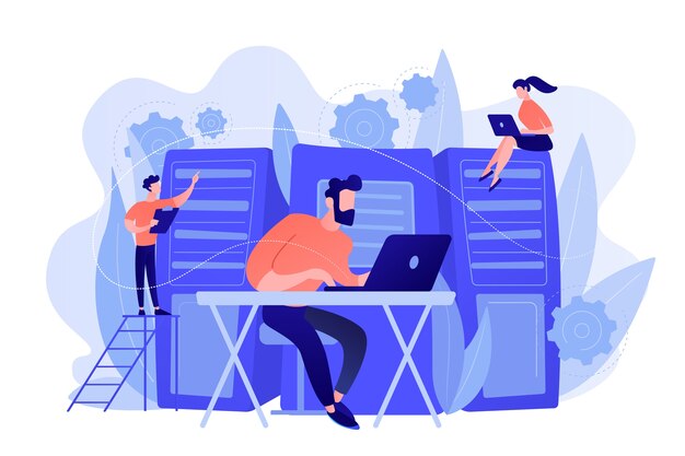 Les administrateurs système ou les administrateurs système assurent la maintenance des racks de serveurs. Administration système, entretien, configuration de systèmes informatiques et concept de réseaux. Palette de bleu corail rosé. Illustration vectorielle
