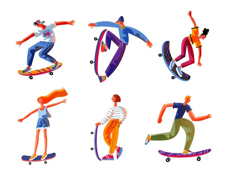 Adolescents patinant sur des planches à roulettes Heureux adolescents et filles faisant de l'exercice sain pendant les loisirs jeunes debout avec planche et se déplaçant sur fond blanc