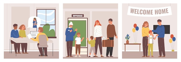 Vecteur gratuit adoption d'enfants ensemble famille adoptant un garçon de l'orphelinat et l'accueillant à la maison illustration vectorielle isolée à plat