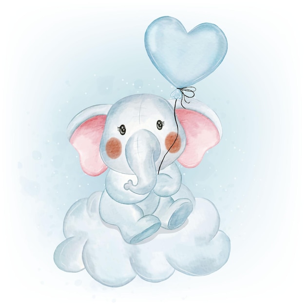 Adorable bébé éléphant avec aquarelle de ballon en forme de coeur