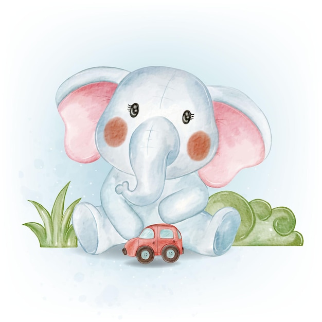 Adorable Bébé éléphant Jouant Avec Des Jouets De Voiture Aquarelle