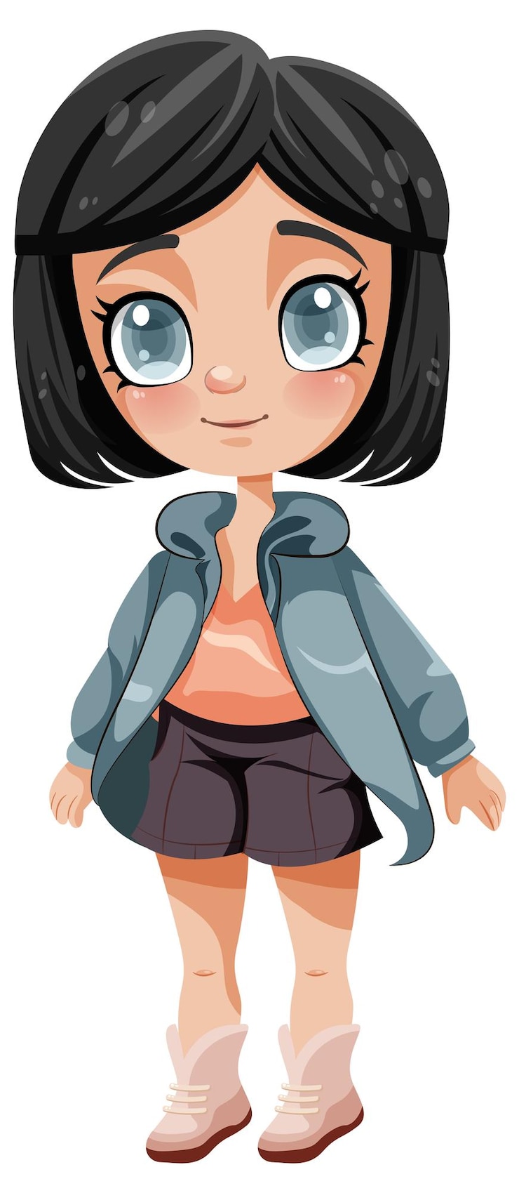 Vecteur gratuit adorable fille aux grands yeux et personnage de dessin animé de cheveux noirs