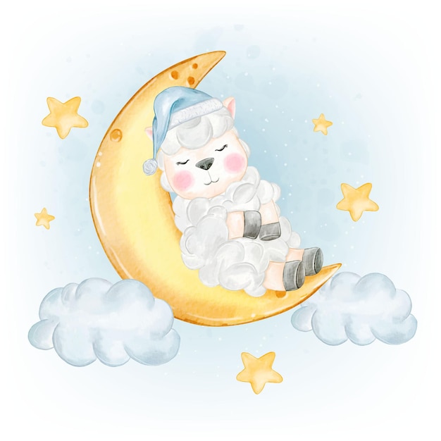 Adorable Mouton Dormant Sur Le Croissant De Lune