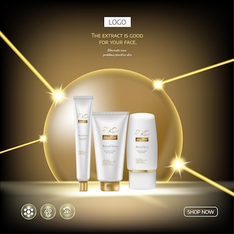 Ads gold cosmetic set avec sérum facial professionnel sur fond de vagues et effet de lumière