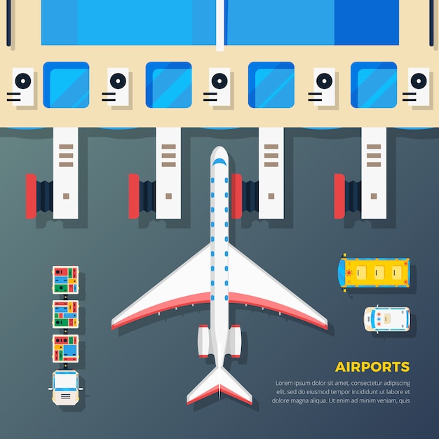 Vecteur gratuit aéroport, tablier, avion, jet, pont