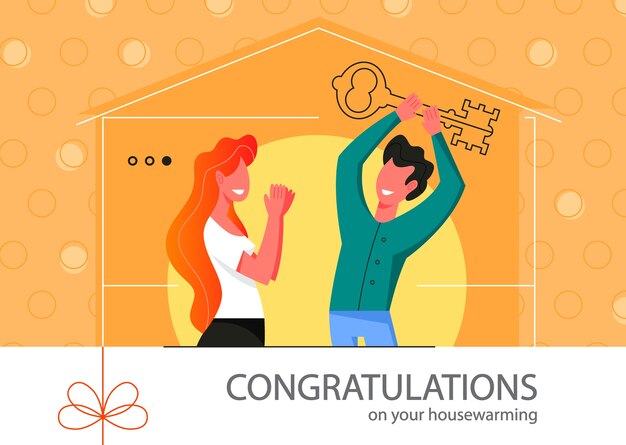 Affiche Banniere Ou Carte De Pendaison De Cremaillere Heureux Couple Avec Une Cle Pour Leur Nouvelle Maison Concept D Agence Immobiliere Idee D Acheter Une Maison Vecteur Premium