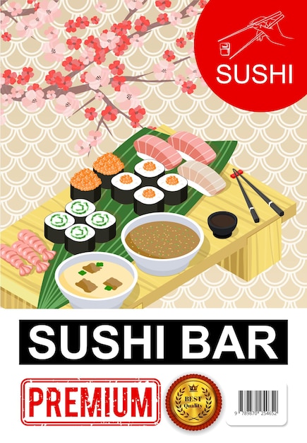 Vecteur gratuit affiche de bar à sushi isométrique avec rouleaux bols de sashimi de soupes baguettes d'algues sauce soja sur table branche de fleur de cerisier sakura