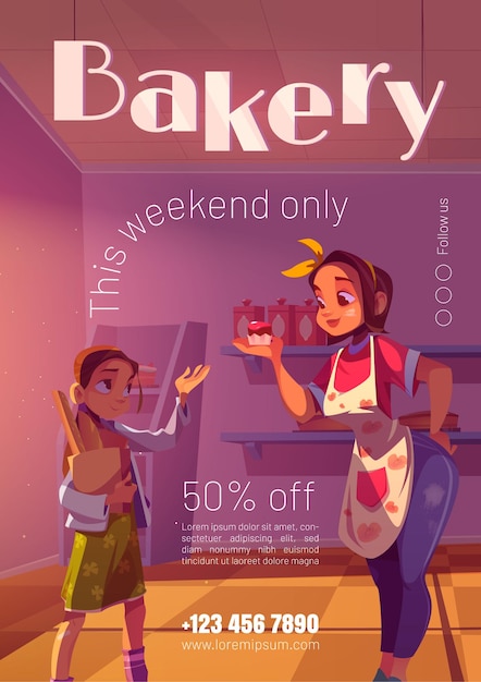 Vecteur gratuit affiche de boulangerie avec offre spéciale avec illustration de boulangerie avec des gâteaux sur les étagères et chef de femme