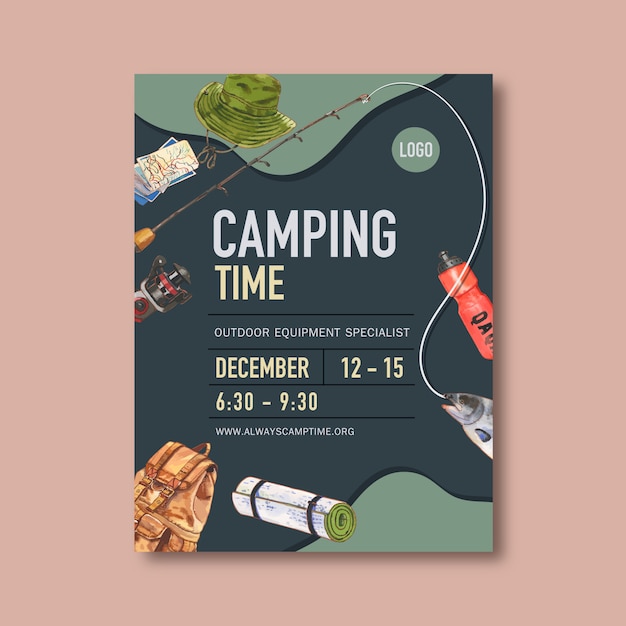 Vecteur gratuit affiche de camping avec chapeau de seau, canne, poisson et sac à dos