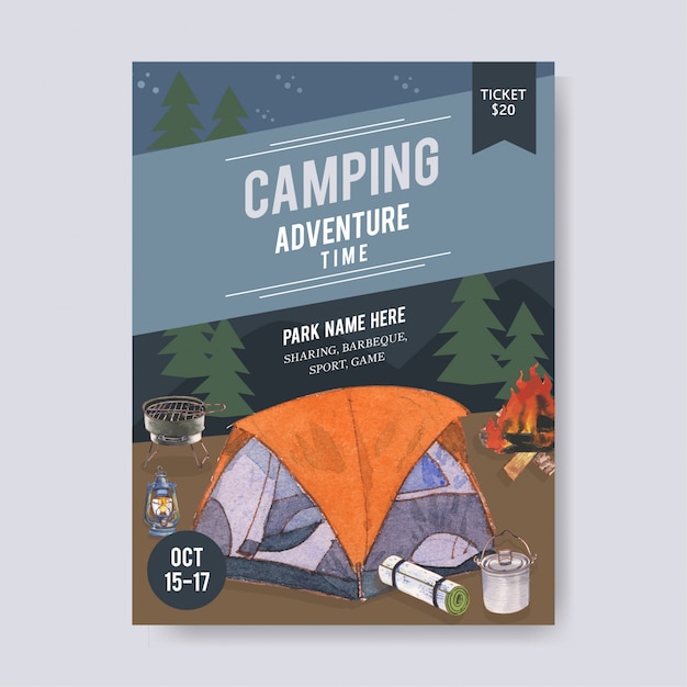 Affiche De Camping Avec Illustrations De Tente, Fourgonnette, Lanterne Et Gril