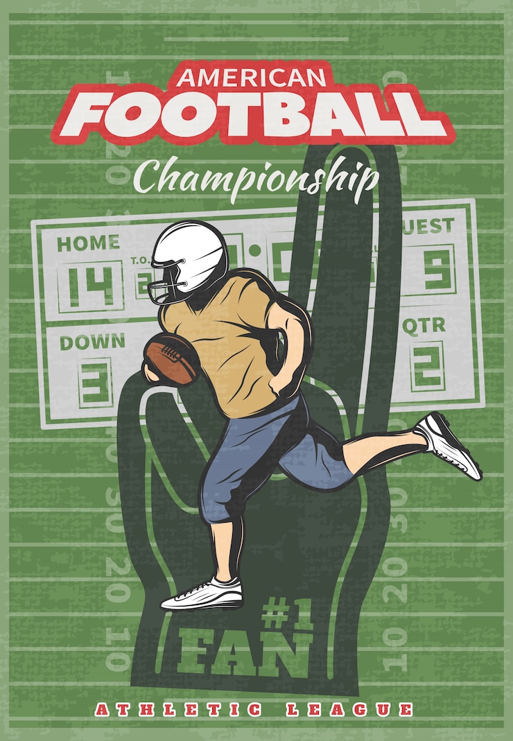 Vecteur gratuit affiche de championnat de football américain avec tableau de bord en mousse de joueur en cours d'exécution sur terrain usé vert