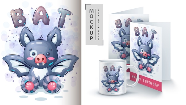 Vecteur gratuit affiche de chauve-souris mignonne et merchandising