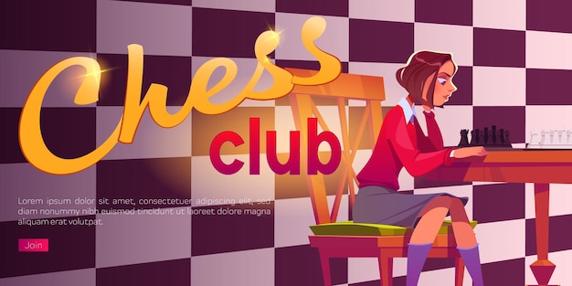 Vecteur gratuit affiche de club d'échecs avec une fille jouant aux échecs