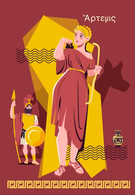 Vecteur gratuit affiche de collage plat des dieux olympiens belle femme déesse pose dans une tenue marron et rouge derrière elle se tient un soldat grec dans une illustration vectorielle uniforme militaire