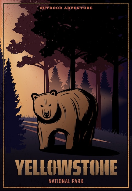 Affiche colorée vintage du parc national de Yellowstone avec inscription et ours sur le paysage forestier