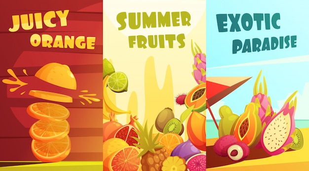 Vecteur gratuit affiche de composition de bannières verticales de fruits tropicaux juteux exotiques pour les voyageurs de vacances d'été