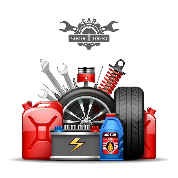 Vecteur gratuit affiche de composition de publicité de centre de service de voiture avec des pneus de pneus et une bonbonne de gaz