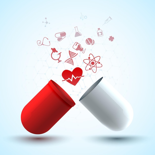 Vecteur gratuit affiche de conception médicale avec capsule médicinale originale composée de parties rouges et blanches et de différents objets médicaux