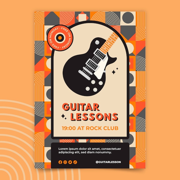 Vecteur gratuit affiche de cours de guitare vintage design plat