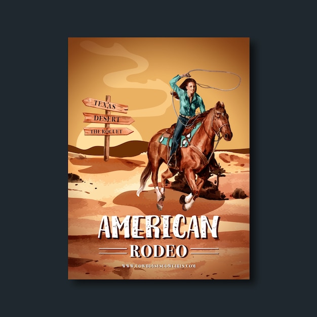 Vecteur gratuit affiche de cow-boy avec désert, cheval, femme