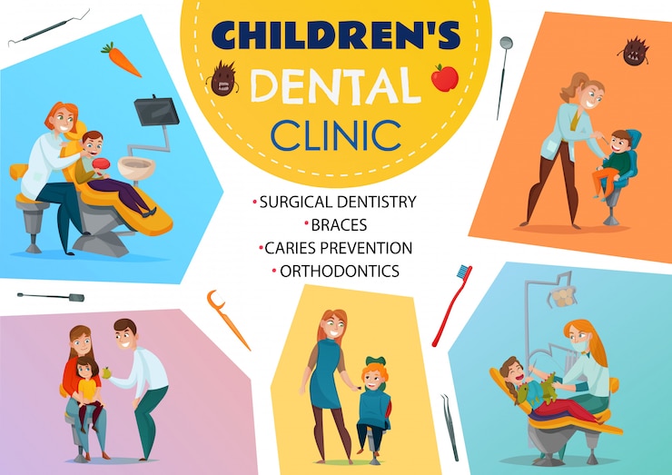 Vecteur gratuit affiche de dentisterie pédiatrique colorée clinique dentaire pour enfants orthodontie accolades dentisterie chirurgicale prévention des caries