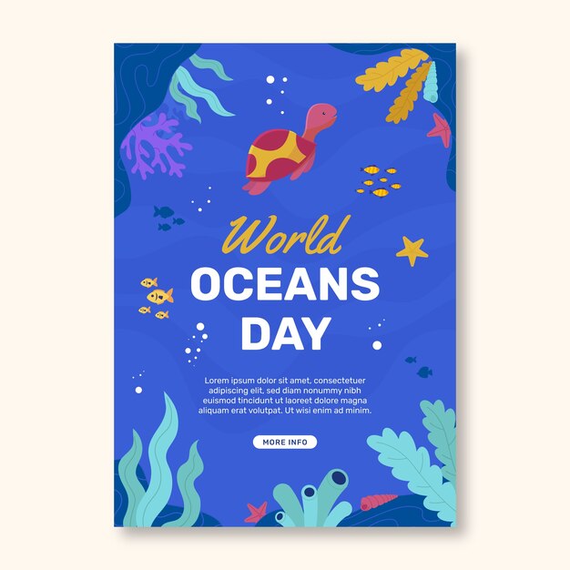 Affiche ou dépliant plat dessiné à la main de la journée mondiale des océans