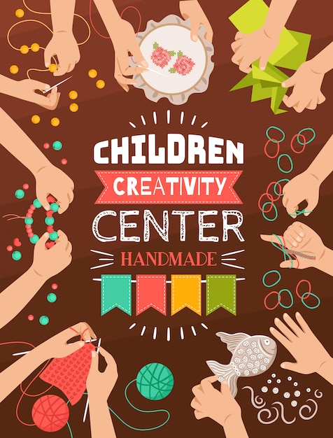 Vecteur gratuit affiche design plat coloré de studio créatif à la main pour les enfants