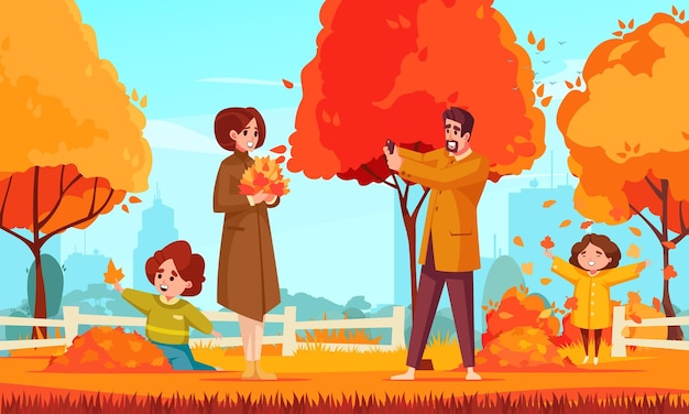 Affiche De Dessin Animé Automne Avec Une Famille Heureuse Dans L'illustration Vectorielle Du Parc Public