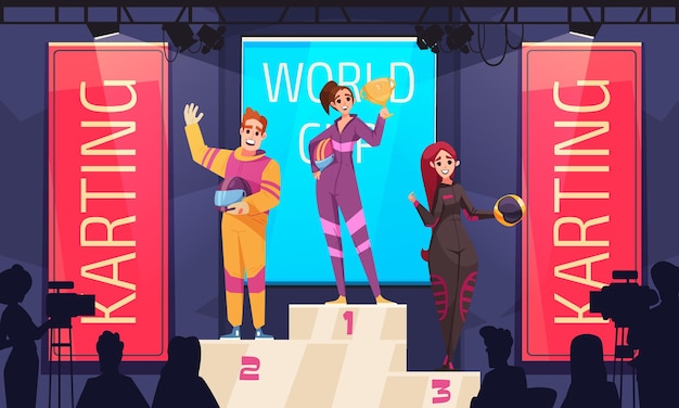 Vecteur gratuit affiche de dessin animé de course de karting avec des gagnants avec des trophées sur l'illustration vectorielle du podium