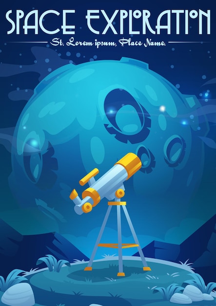 Vecteur gratuit affiche de dessin animé d'exploration spatiale avec télescope sur une colline sous un ciel étoilé avec découverte de la science lunaire et astronomie étudiant l'équipement pour observer les étoiles et les planètes dans la galaxie