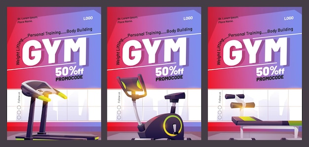 Vecteur gratuit affiche de dessin animé de gym avec équipement de fitness