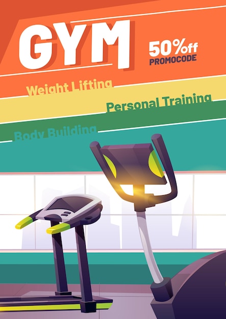 Vecteur gratuit affiche de dessin animé de gym avec tapis roulant