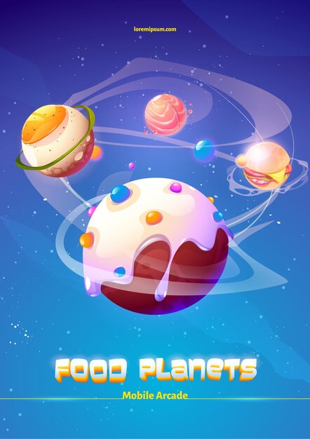 Affiche de dessin animé de jeu d'aventure de planètes alimentaires d'arcade mobile