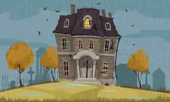 Vecteur gratuit affiche de dessin animé de maison effrayante avec horreur s'appuyant sur l'illustration vectorielle de fond de pluie
