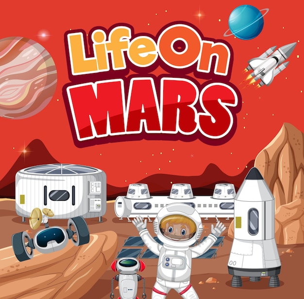 Vecteur gratuit affiche de dessin animé de la vie des astronautes sur la planète mars