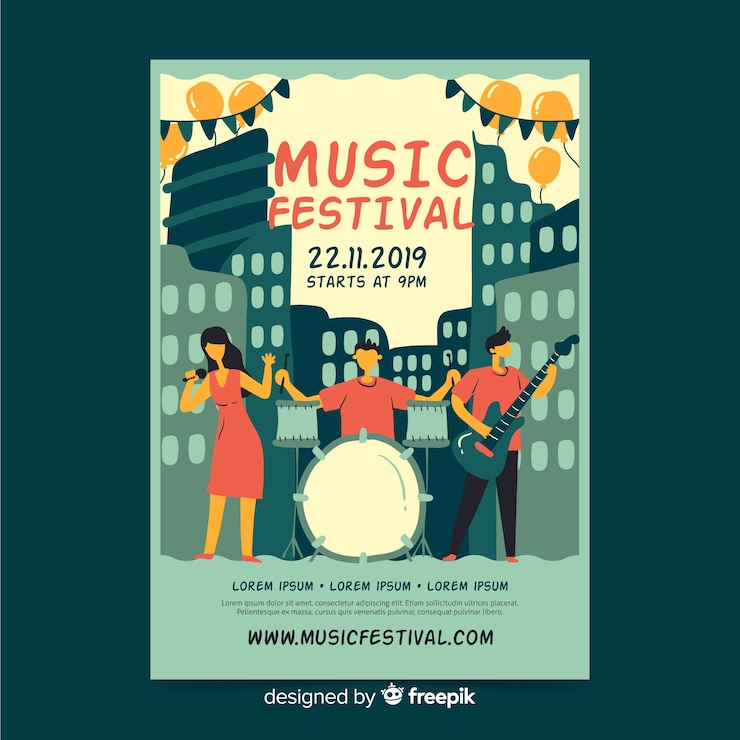 Vecteur gratuit affiche dessiné main modèle de festival de musique