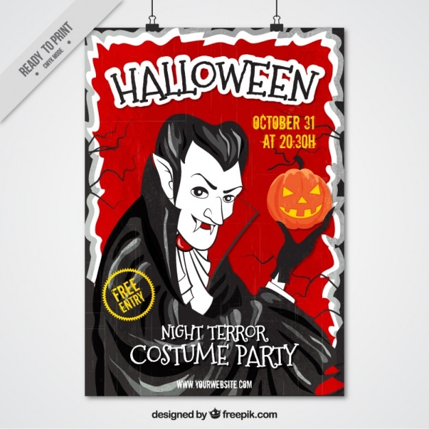 Vecteur gratuit affiche dessinée à la main avec un vampire tenant une citrouille